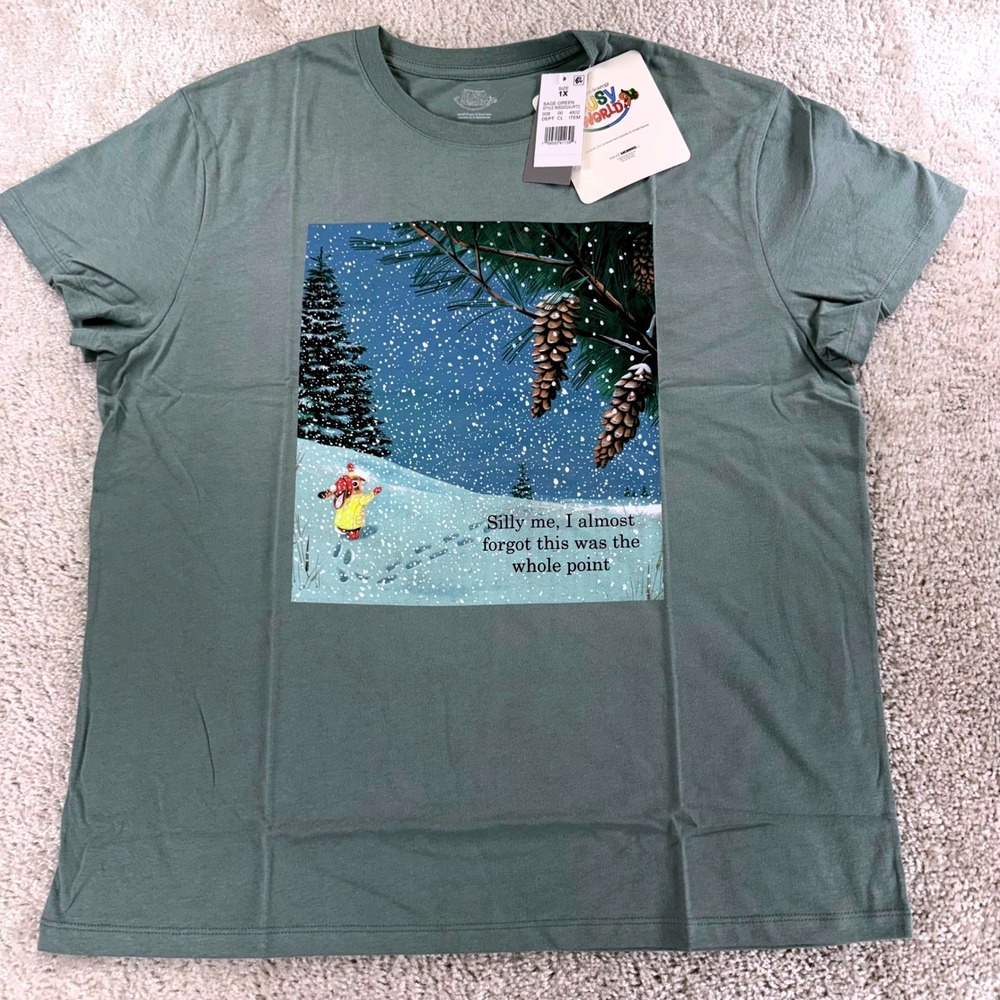 Richard Scarry's Busy World Sage Green Winter Graphic T-Shirt 1X New